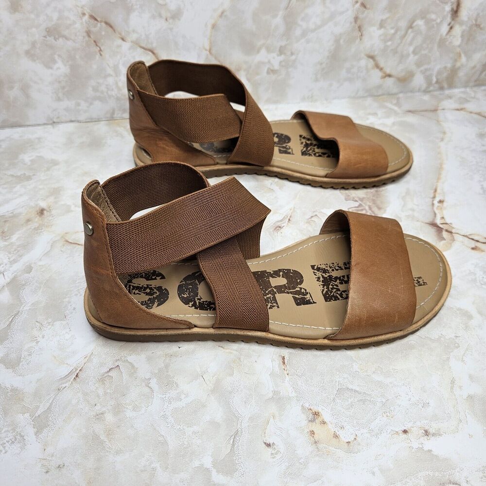 Sorel Women's Ella Brown Sandals Cross Strap Stretch Flats NL2893-225 Size 7.5